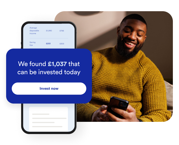 Person reviewing finances on a phone with AI-powered insights overlay