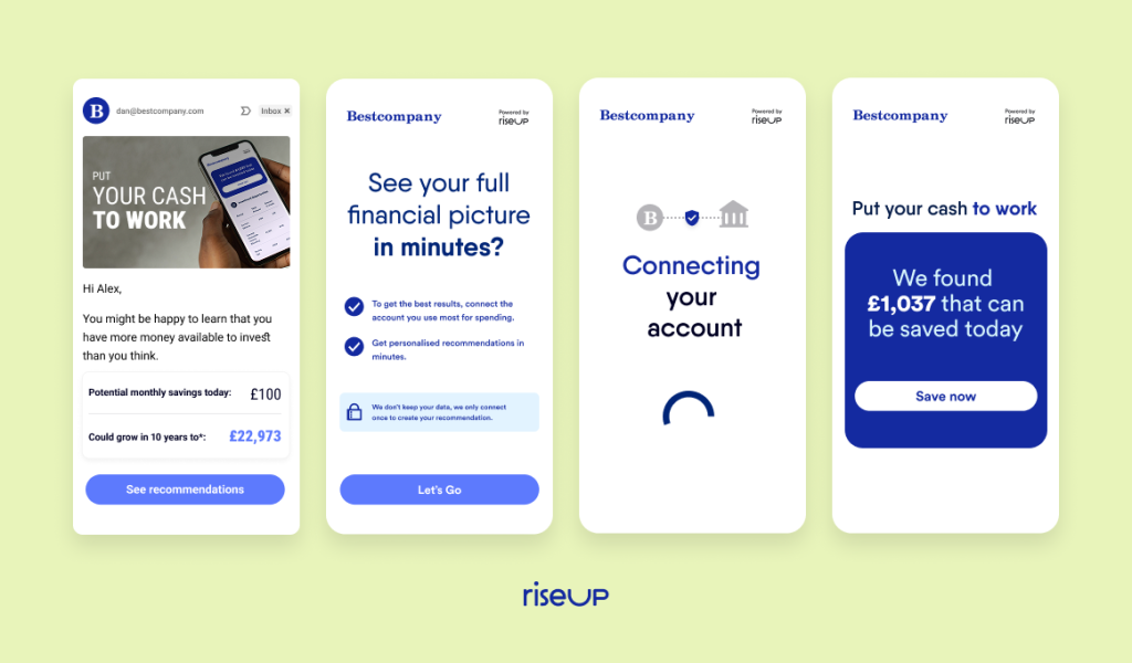 RiseUp AI-powered financial insights engine showing the customer flow for personalised insights